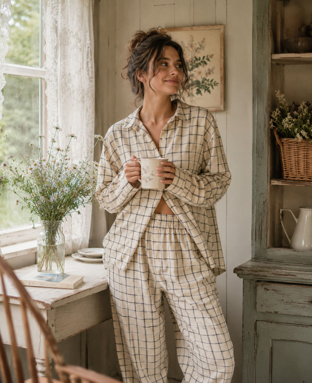 Madewell Women's 2 Piece Plaid Flannel Beige Windowpane Check Pajama Set Size L